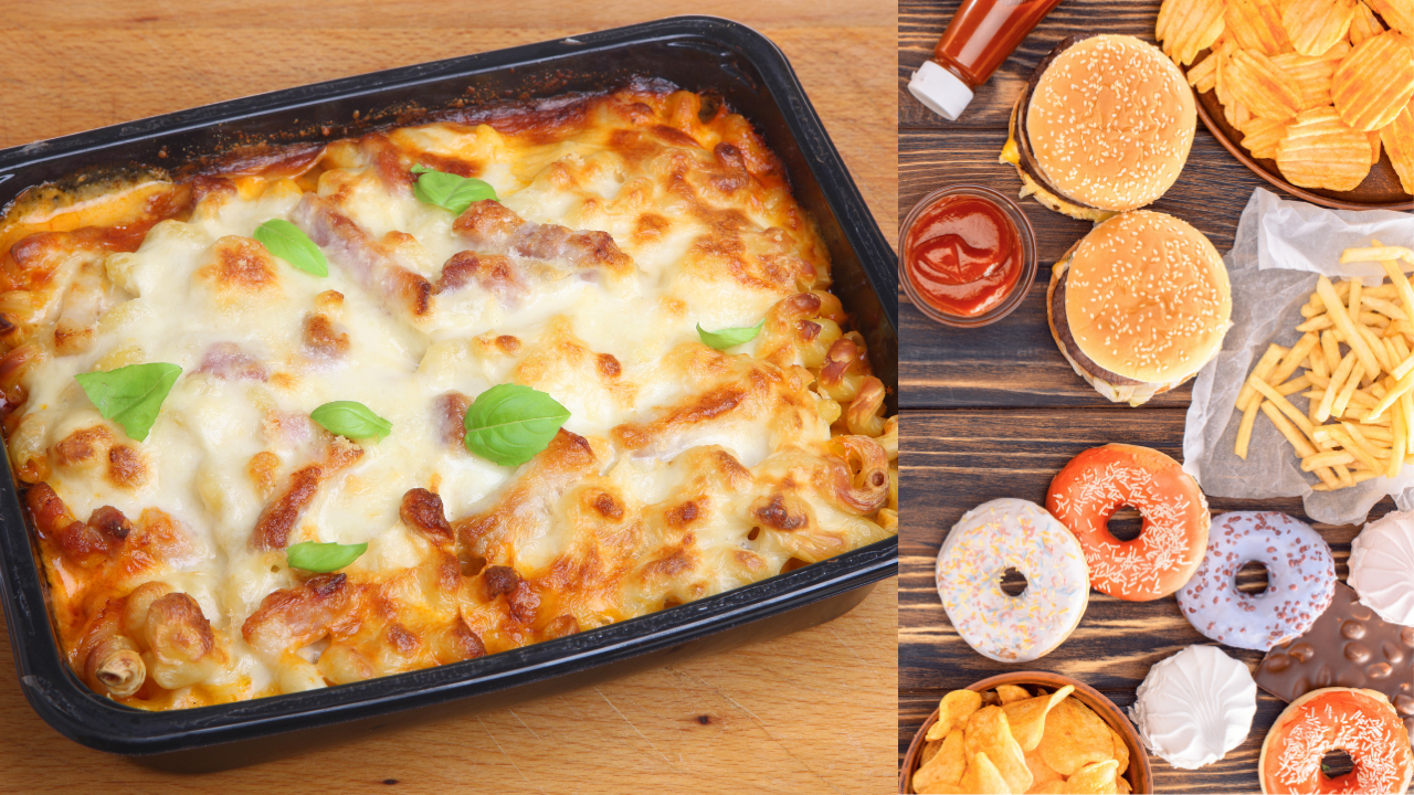 pasta bake alongside burger, chips, crisps, and doughnut showing processed versus whole foods for type 2 diabetes management