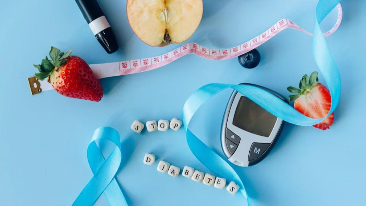 Health monitors, fresh fruit, and a "Stop Diabetes" message, representing lifestyle changes and nutrition strategies to reverse type 2 diabetes