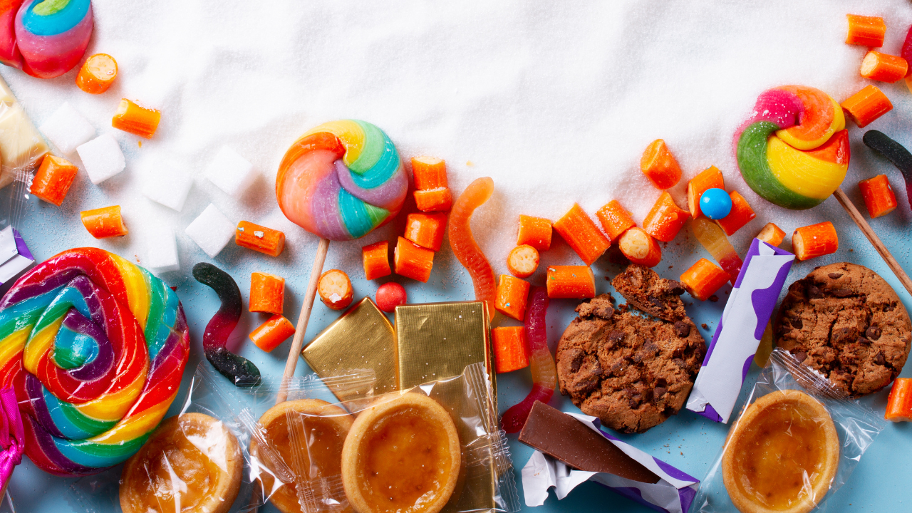 Plate of sweets and candies highlighting common sources of sugar that contribute to insulin resistance