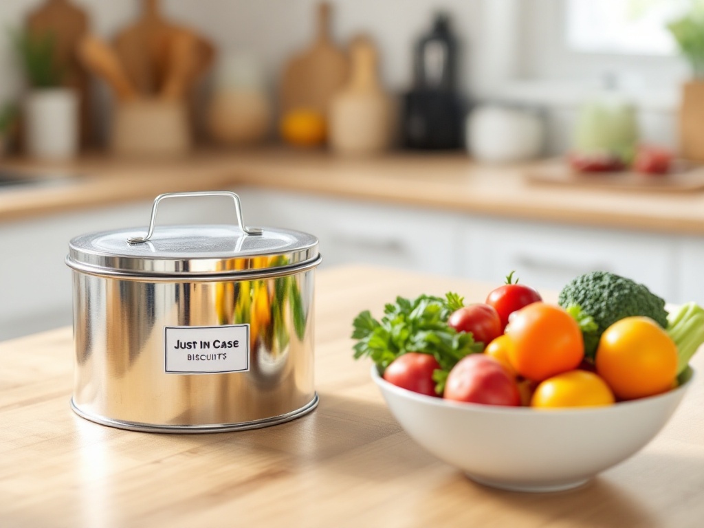 A kitchen counter showing a bowl of fresh fruit alongside biscuits, representing choices for better blood sugar management and type 2 diabetes prevention.