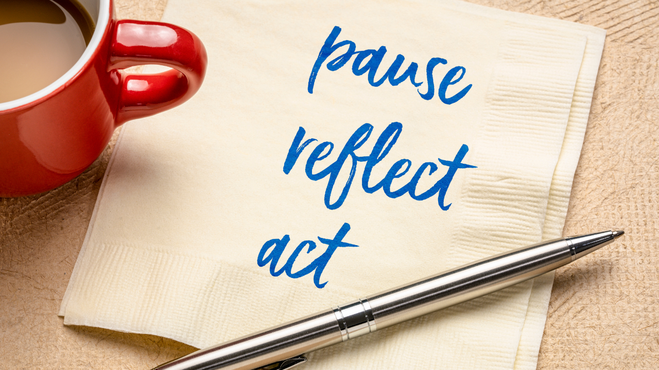 Handwritten note on a napkin reading "Pause, Reflect, Act," illustrating mindful decision-making and strategies to reverse type 2 diabetes