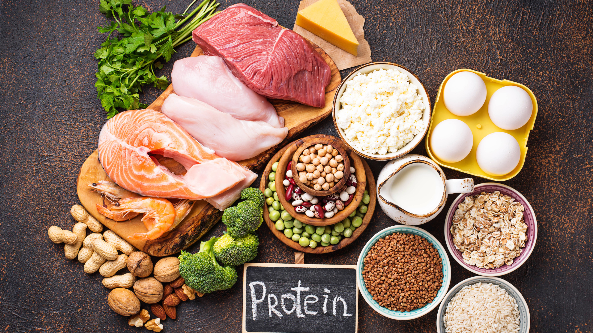 Selection of high-protein foods such as eggs, fish, chicken, and beans that help naturally reverse type 2 diabetes