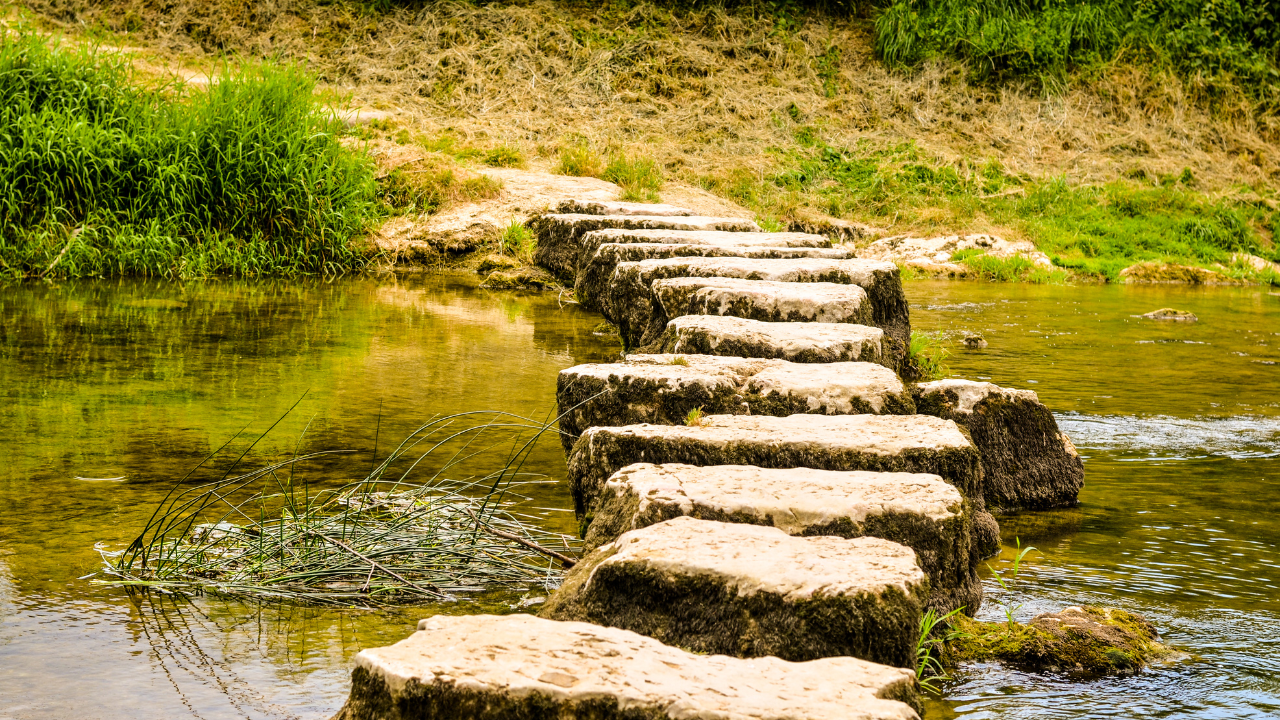 Stepping stones along a path, symbolizing starting with small steps to build self-discipline and reverse type 2 diabetes