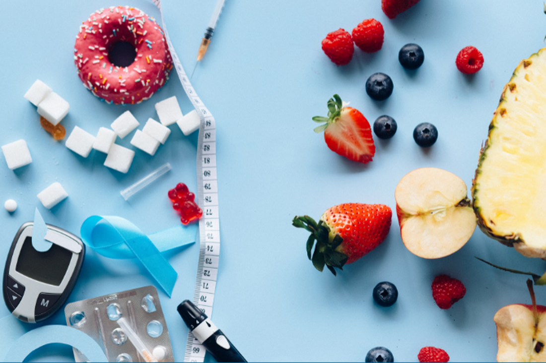 Doughnuts, jelly beans, and sugar cubes contrasted with healthy alternatives for reversing type 2 diabetes