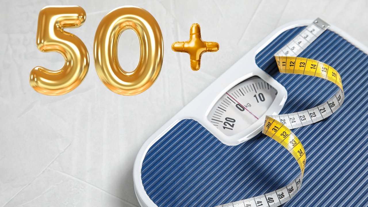 Tape measure on weighing scales with 50+ balloons, symbolising weight management and strategies for reversing type 2 diabetes in women over 50
