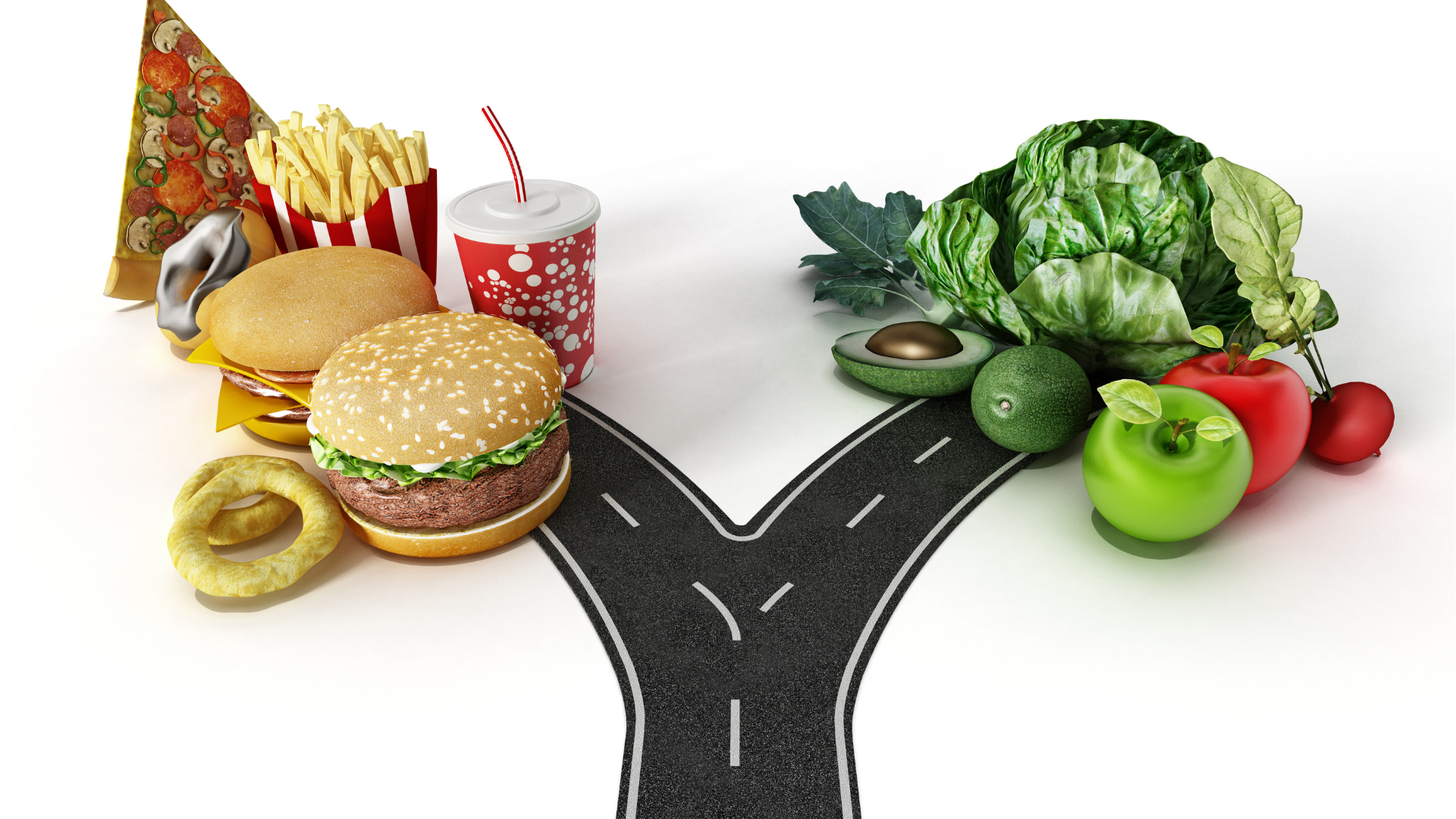 Two roads, one leading to healthy food and the other to fast food, representing choices affecting type 2 diabetes