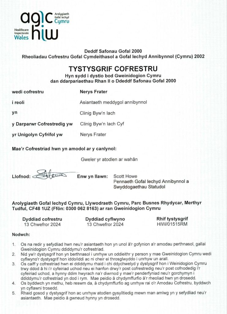 Dr Nerys Frater Certificate of Registration - Welsh Language